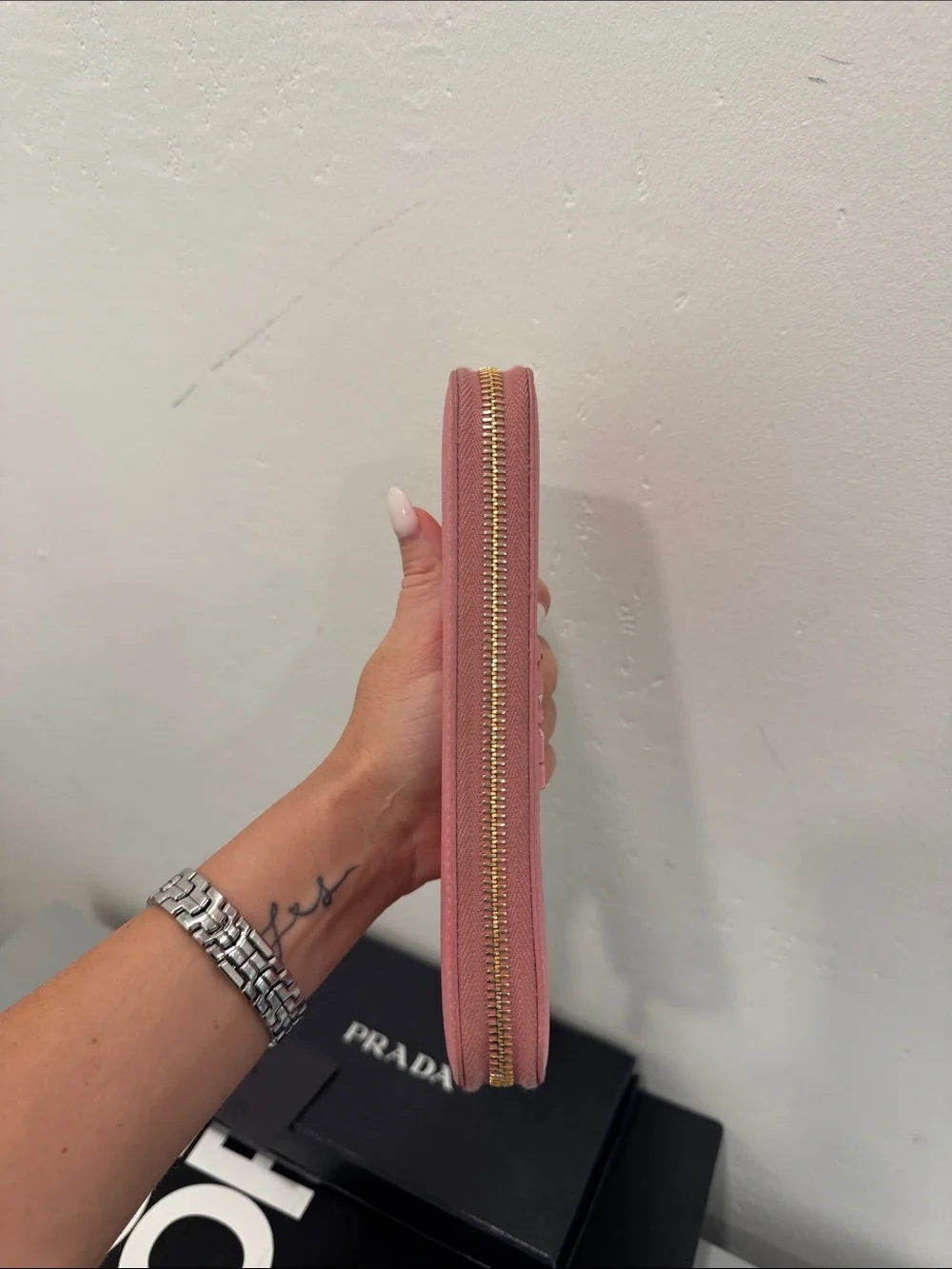 Prada Pink Saffiano Zip Wallet with Gold Hardware